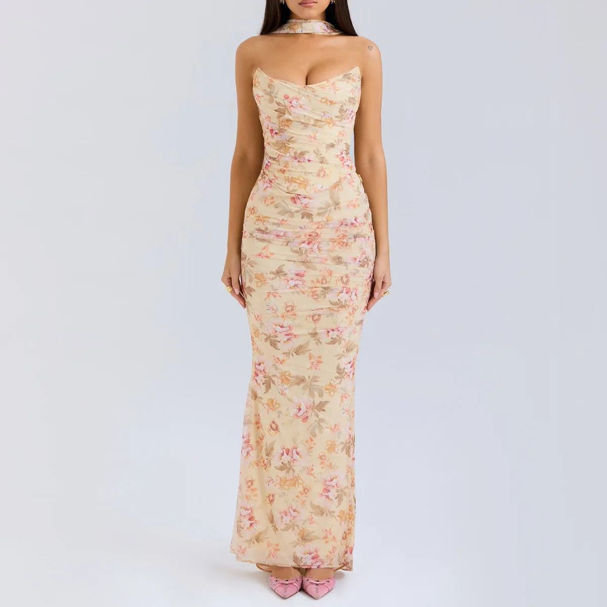 Suninheart Elegant 2 Pieces Dress Set with Scarf Women Fashion Matching Sets Sexy Cropped Top and Long Dress Set Casual Dress