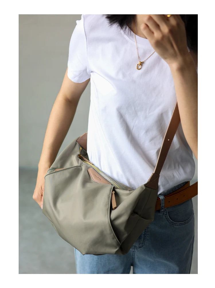 Lightweight Nylon Matching Genuine Leather Crossbody Bag High Quality Single Shoulder Bags Fashion Pleated Messenger Purses