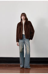 Women's Short Faux Fur Coat with Stand Collar