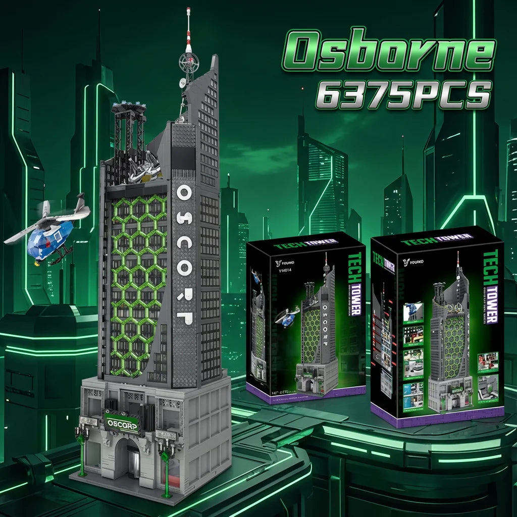 6375PCS Spider Oscorp Hero Tower With Light Building Blocks Movie City Classic Architecture Modular Assembly Model Kit DIY Toy G