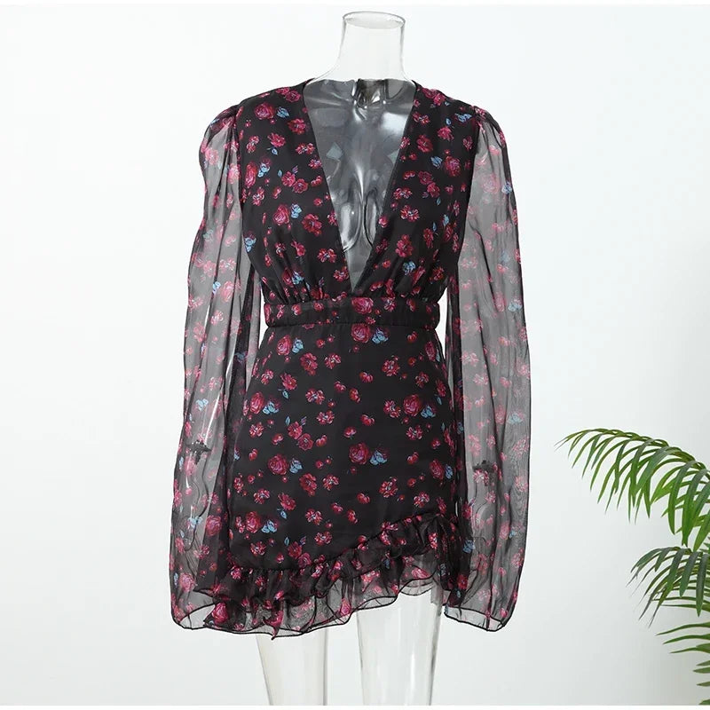 Women Elegant Printed Short Dress Chic V-neck Short Sleeve A-line Bodycon Mini Dresses 2026 Lady New Summer Vacation Street Robe