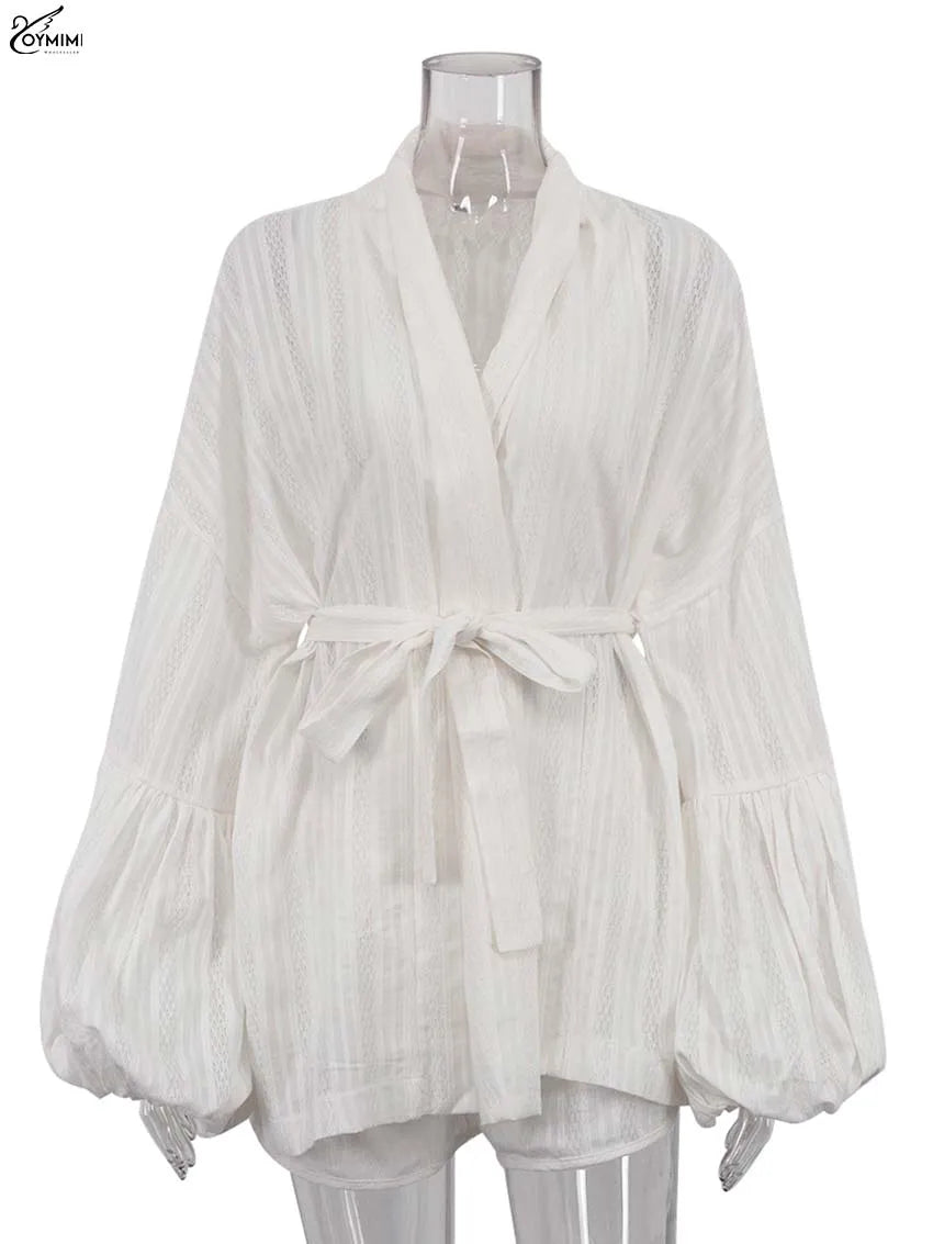 Oymimi Fashion White Cotton Women's Two Pieces Set Elegant Puff Sleeve Loose Lace-Up Shirts And High Waisted Shorts Female Sets