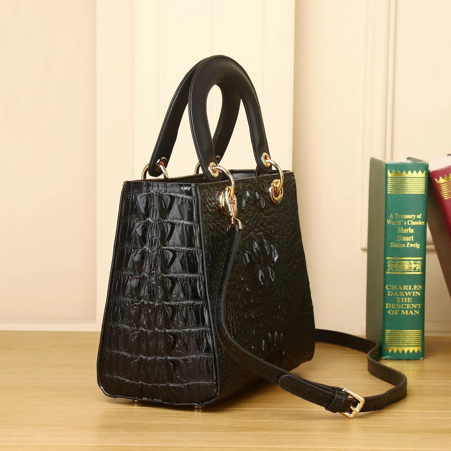 Crocodile-Embossed Genuine Leather Structured Handbag