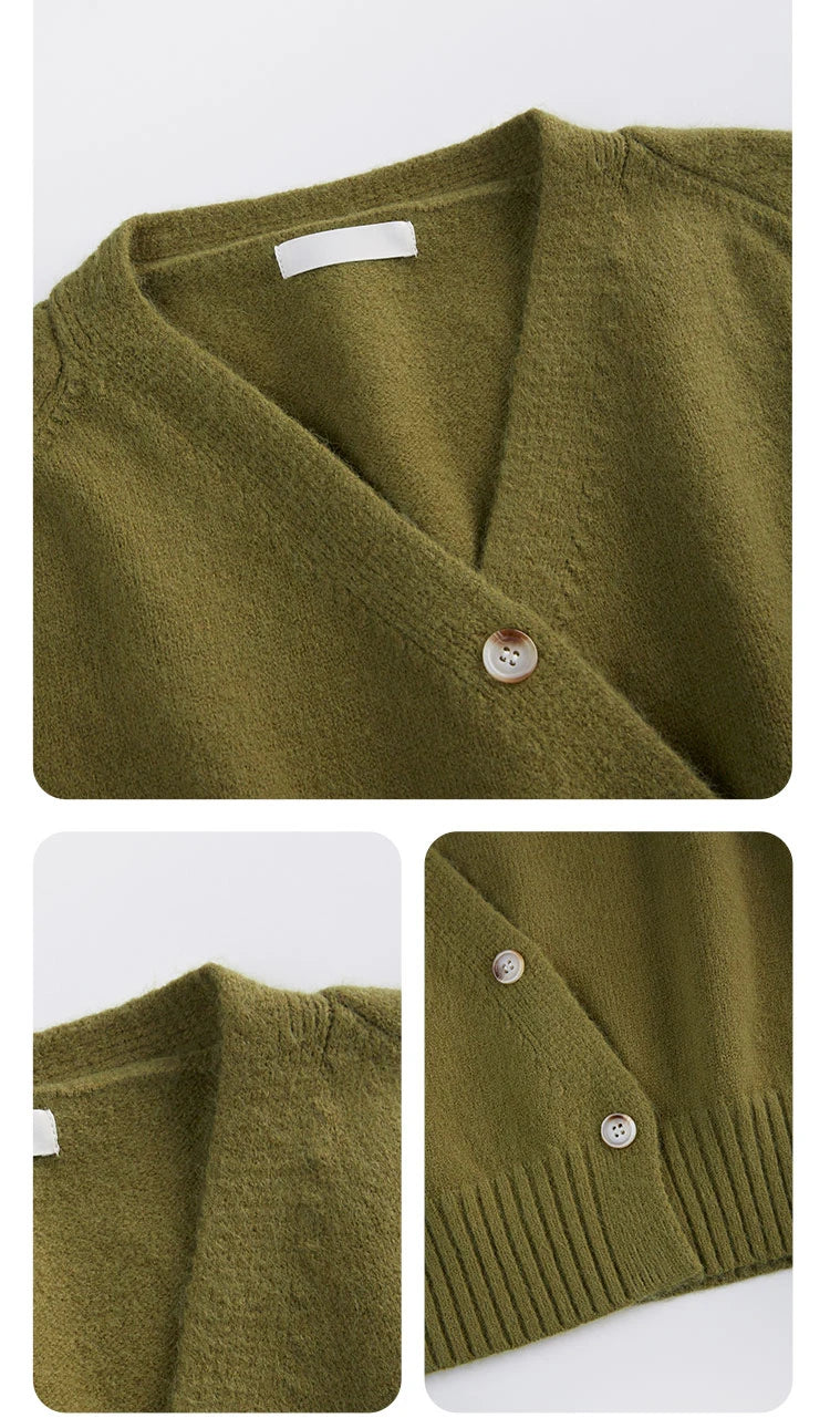 Women's Autumn V-Neck Cashmere Blend Cardigan – USA-Made Loose Knit Sweater
