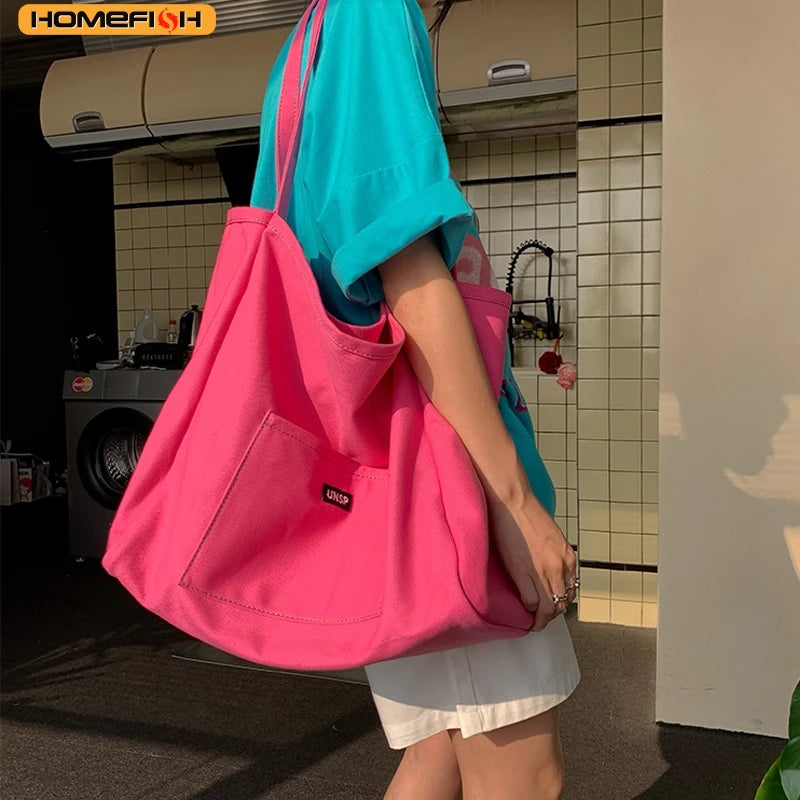 HOMEFISH High Quality Canvas Tote Bag, Women Simple Reusable Shopping Shoulder Handbag for Daily Casual Use