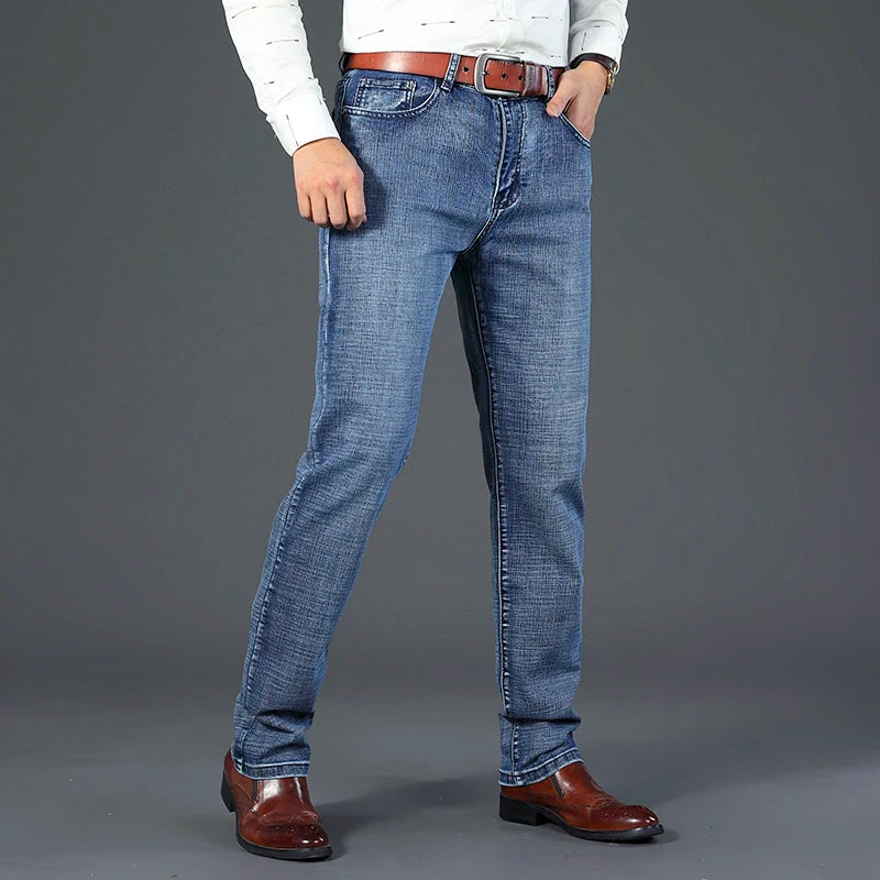 OUSSYU Brand Classic Retro Blue Men's Jeans Denim Pants Work Streetwear Straight Stretch Business Autumn Winter Cotton Trousers