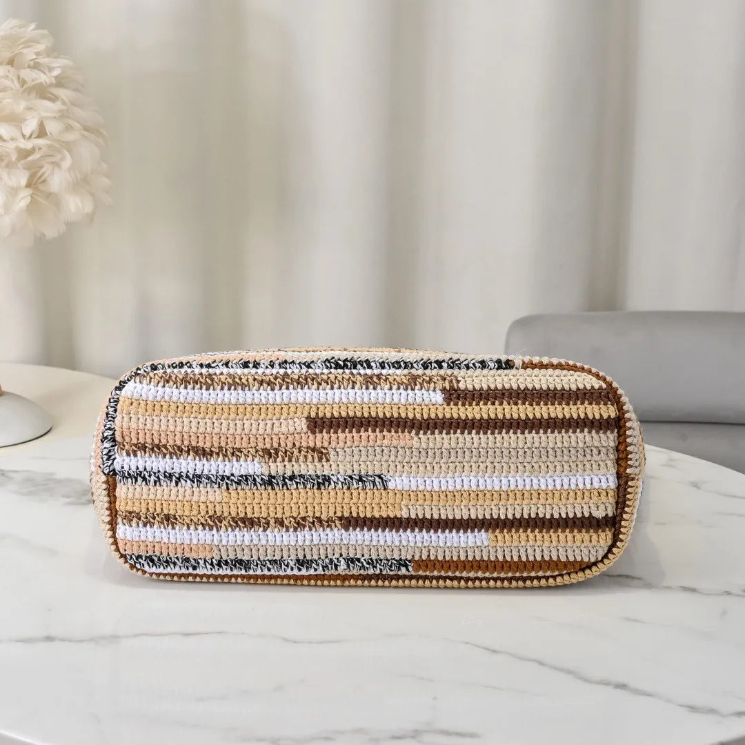 UOSU Woven Straw Tote — Large Contrast Stripe Beach Bag