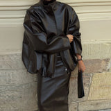 Pu Leather Jacket Skirt Sets Stand Collar Loose Coat Low Waist Solid Long Skirt Autumn Coats Skirt Sets 2025 New Lady Outfits