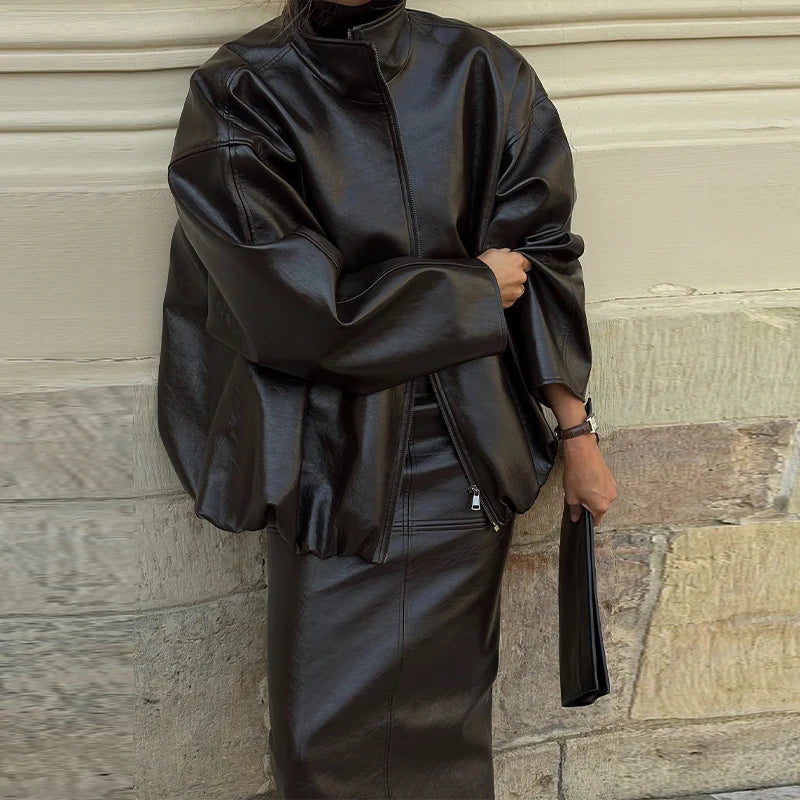 Pu Leather Jacket Skirt Sets Stand Collar Loose Coat Low Waist Solid Long Skirt Autumn Coats Skirt Sets 2025 New Lady Outfits
