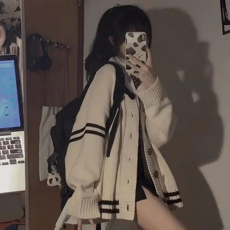 Y2K Striped Loose Cardigan – Vintage V-Neck Knit Sweater Coat