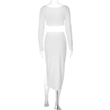 Cryptographic Ruched Long Sleeve Cropped Top and Skirt Co-ords Set Elegant Fashion Club Outfits Asymmetric Split Matching Sets