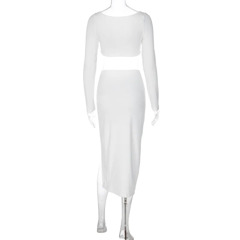 Cryptographic Ruched Long Sleeve Cropped Top and Skirt Co-ords Set Elegant Fashion Club Outfits Asymmetric Split Matching Sets