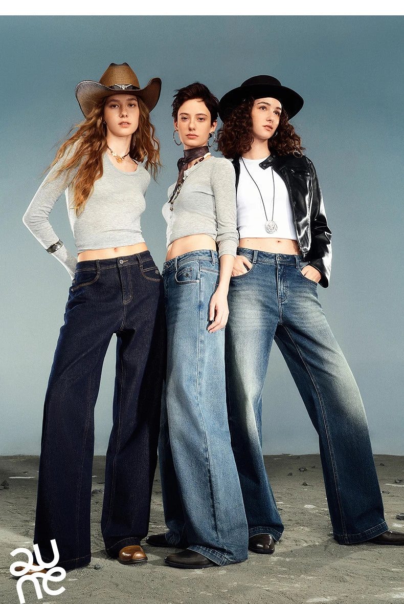 TOYOUTH Women Denim Jeans 2025 Autumn New Lycra Stretch Washed Wide Leg Straight Long Pants