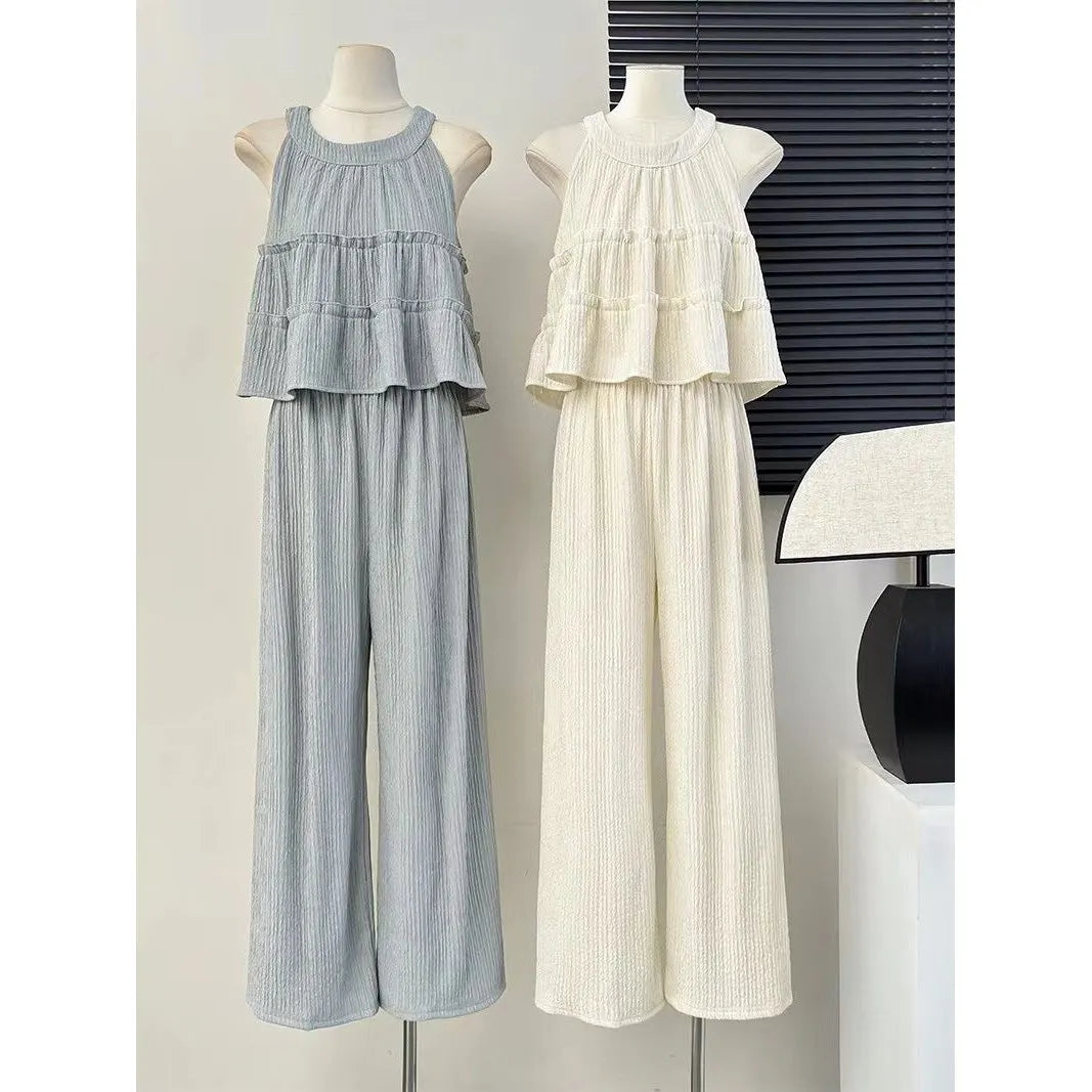Faionable round Ne Svel Top High Waist Straight Leg Pants Women's Summer New Sle Korean Version Two-Piece Set