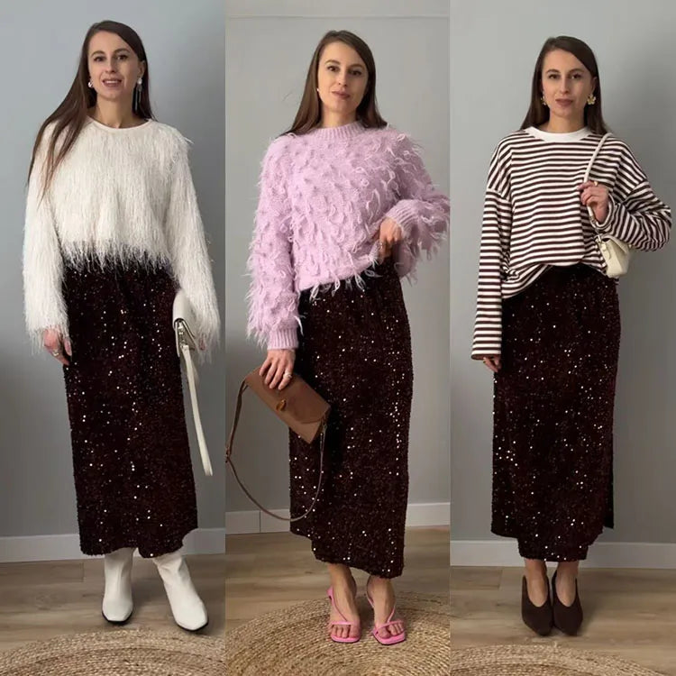 High Waisted Sequin Maxi Skirt Women Elegant Shiny Straight Skirts With Slit Summer Spring Black Long Sequin Skirt For Women