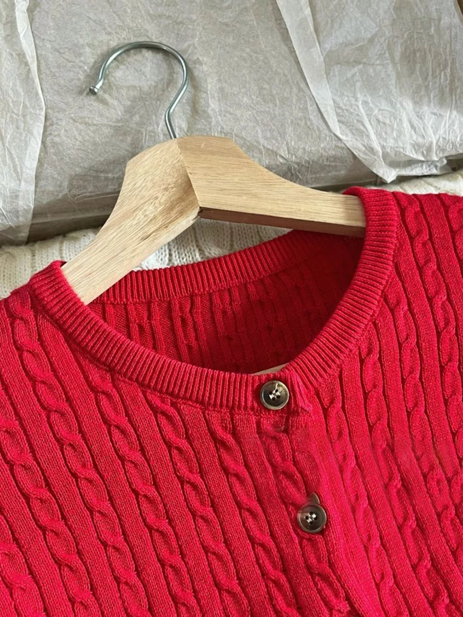 USA-Made Red Twist Flower Knit Cardigan – Vintage Y2K Slim Crop Top