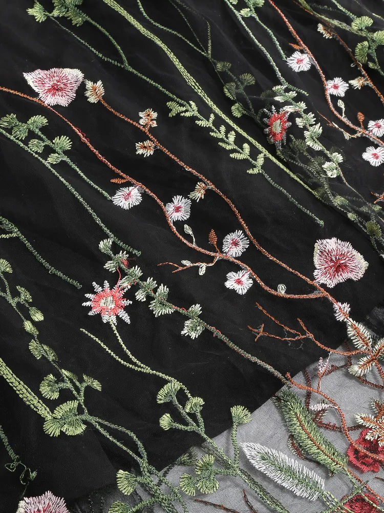 Tonval Floral Embroidered Mesh Midi Skirt – Elegant & Vintage