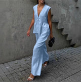 Fashion Women's Trouser Suits Sleeveless V-Neck Top Women Casual Straight Pants Sets Summer Women's Suit Commuter 2 Piece Set