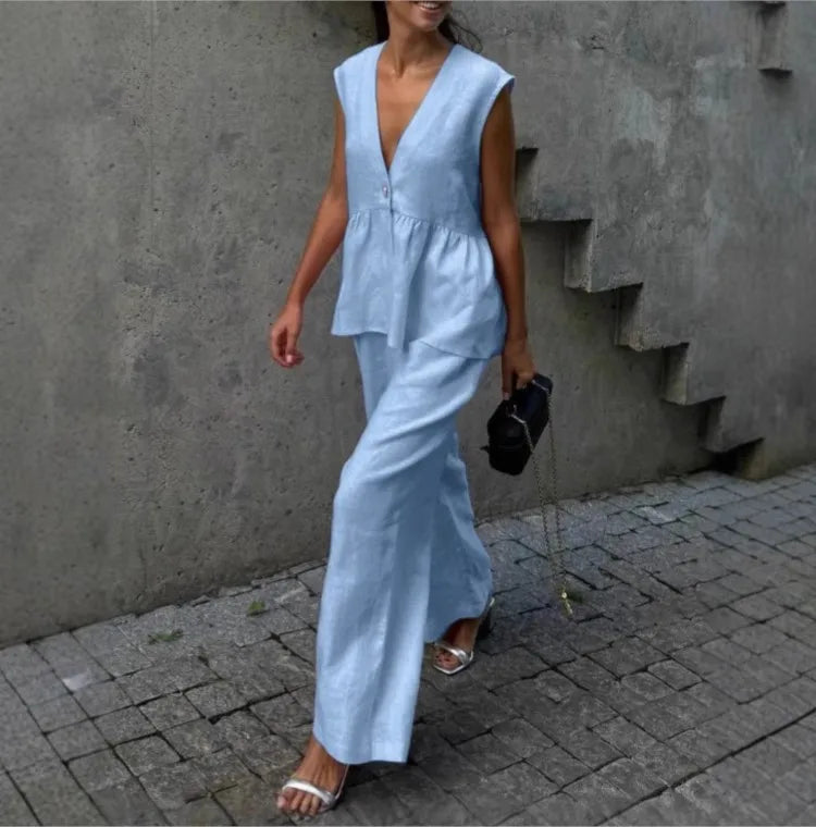 Fashion Women's Trouser Suits Sleeveless V-Neck Top Women Casual Straight Pants Sets Summer Women's Suit Commuter 2 Piece Set