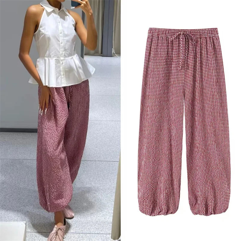 Women's Plaid Drawstring Lantern Pants