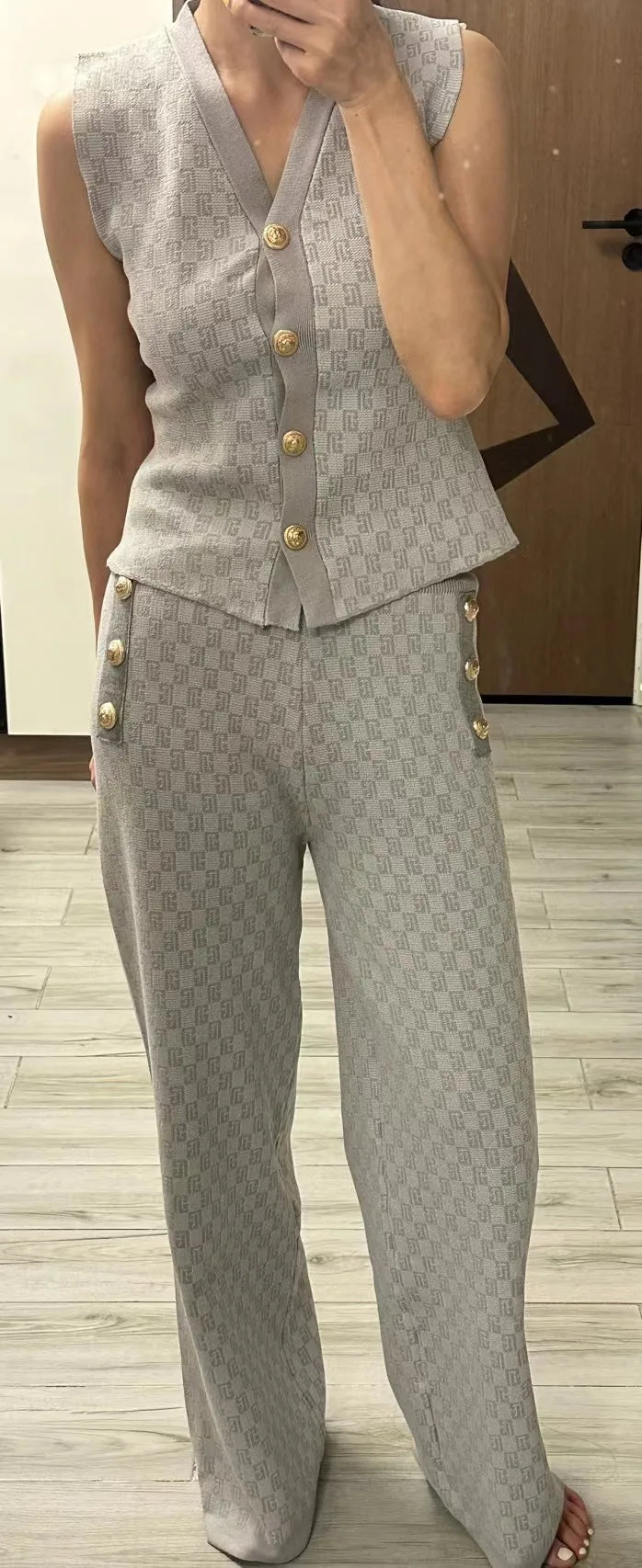 French Style 3-Piece Jacquard Knit Pant Suit – Elegant Vest, Cardigan & Wide-Leg Trousers