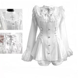 Japanese Y2 Aesthetics Vintage Bow Dress Shorts Set Women Gothic Lolita Style Long Sleeve Shirt Dress Elegant Party Dress Suits