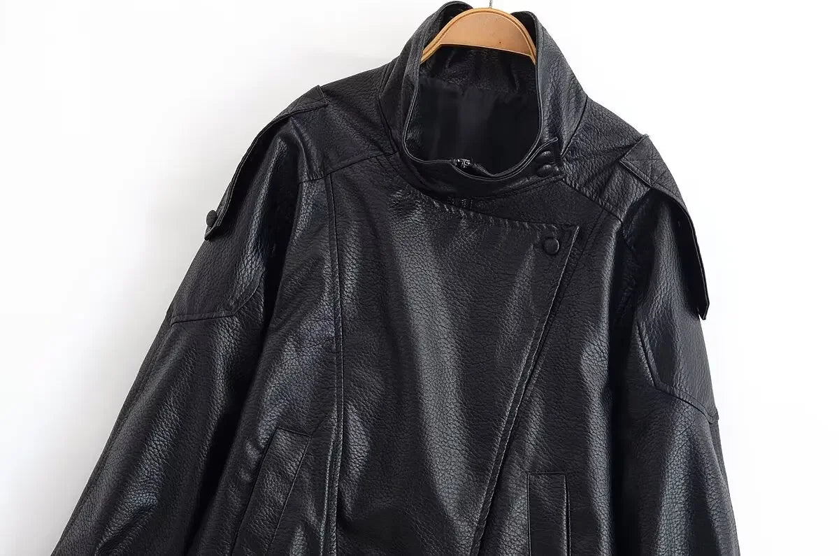 HH 2026 Women Trend Pu Leather Black Coats Stand Collar Long Sleeve Zipper Jacket Woman Fashion Vintage High Street Pu Jackets