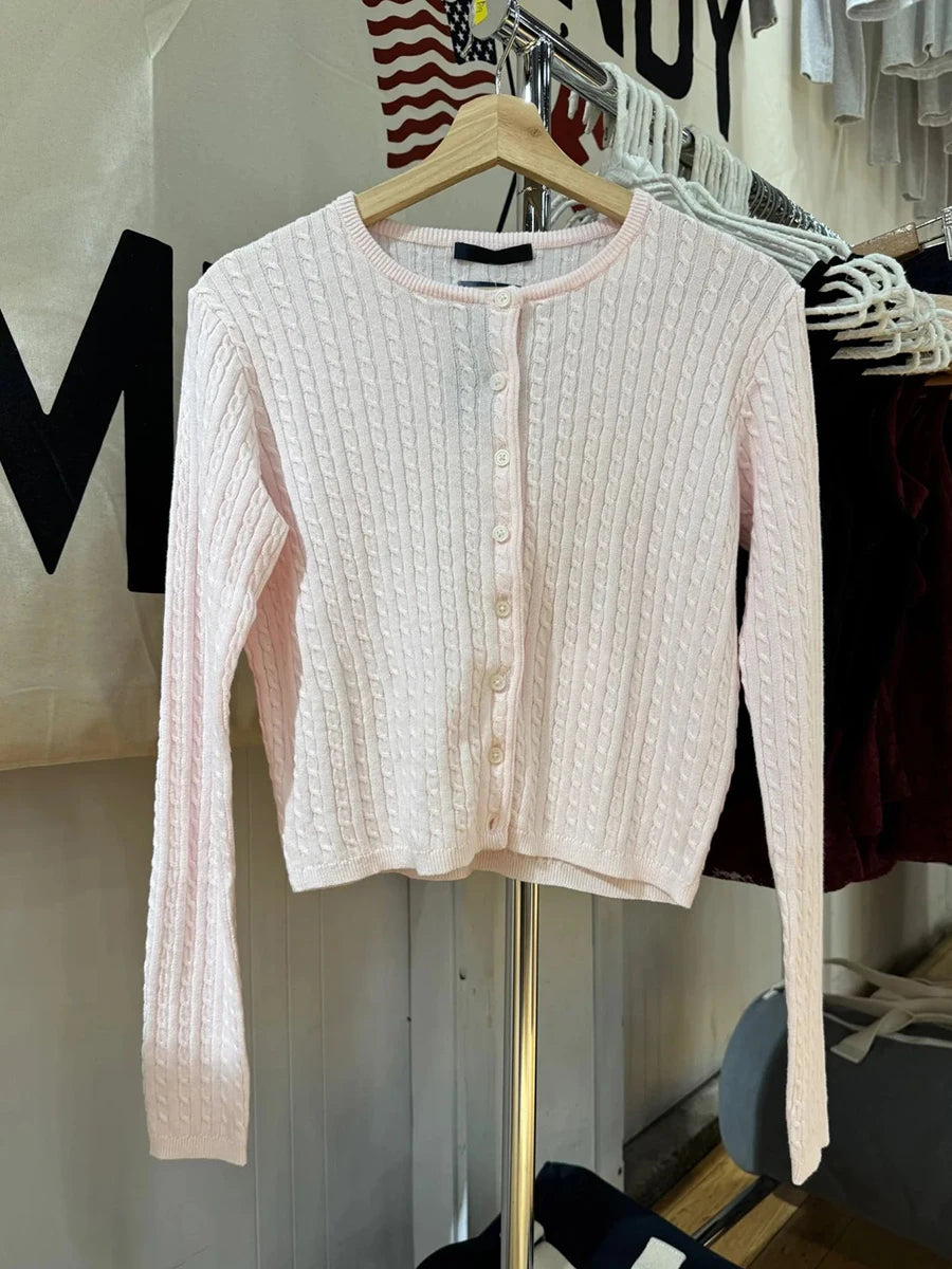 USA-Made Red Twist Flower Knit Cardigan – Vintage Y2K Slim Crop Top