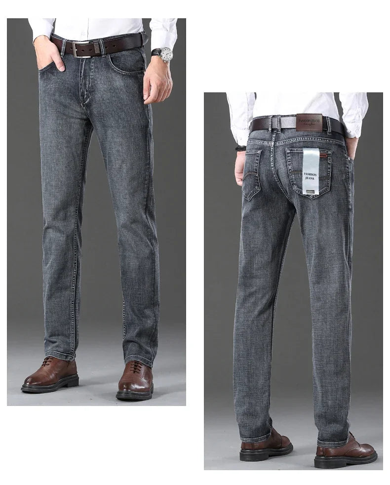 Autumn Winter Men's Jeans Classic Retro Grey Denim Pants Man Work Slim Straight Stretch Cotton Trousers Streetwear Plus Size 40