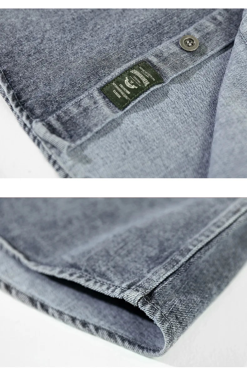 Retro American Washed Denim Jacket Loose Casual Long Sleeve Shirt for Men Autumn Fashion Urban Style Cotton Machine Washable
