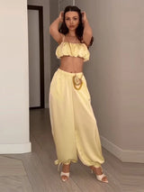 Women's Trousers 2 Pcs Suits Pleated Spaghetti Strap Cropped Tube Tops Elastic Waist Lace Up Pants Charming Ladies Partywear New