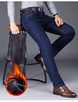 New Men's Fleece Warm Jeans Winter Thicken Plush Velvet Business Office Denim Trousers Brand Clothing Stretch Casual Male Pants