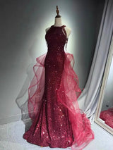 Elegant Sparkling Halter Evening Gown with Beading & Sweep Train