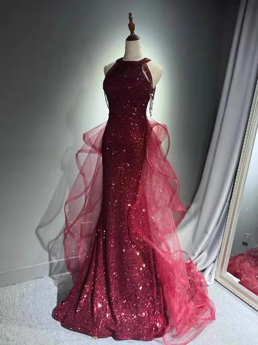 Elegant Sparkling Halter Evening Gown with Beading & Sweep Train
