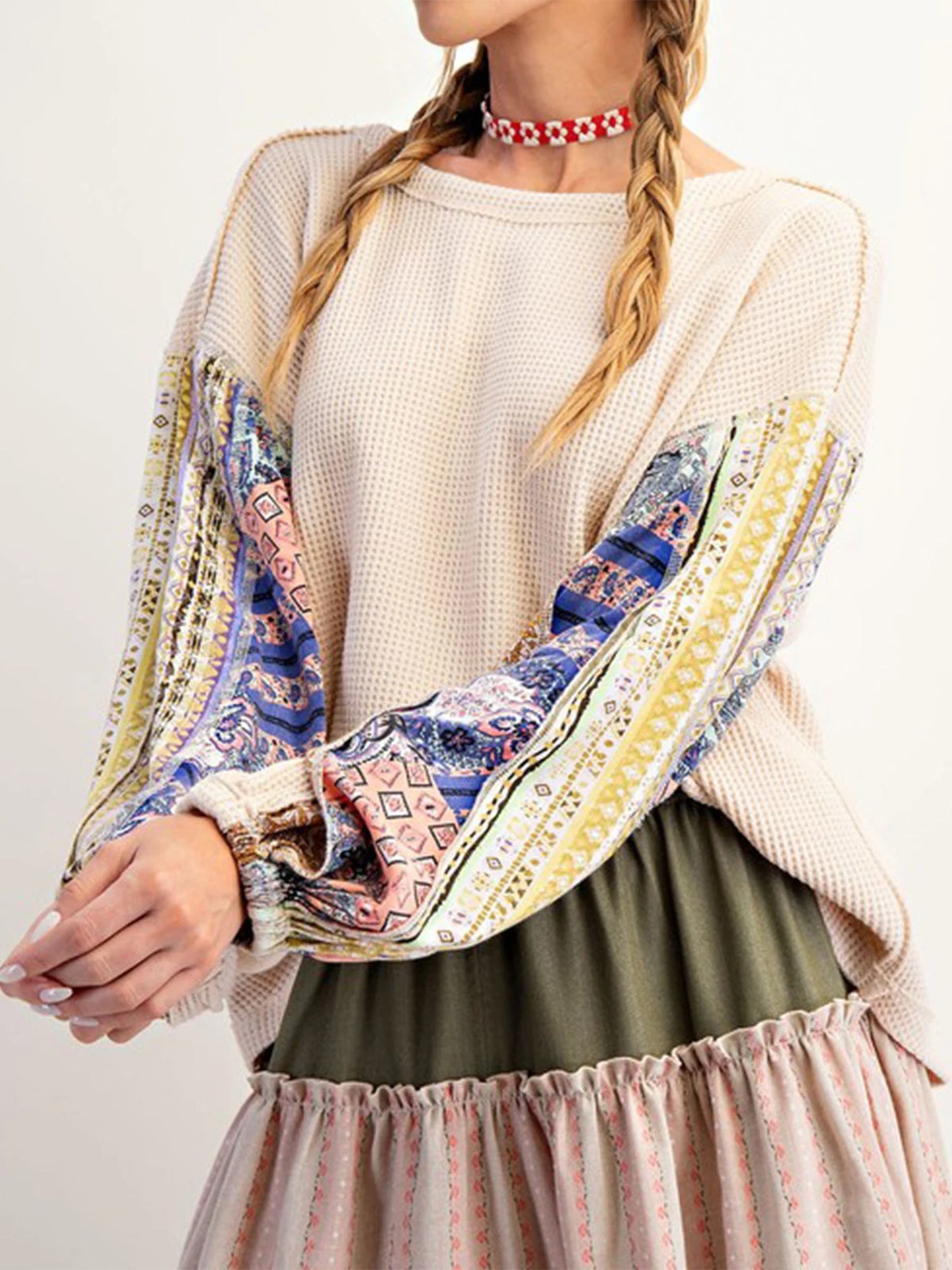 Printed Patchwork Crew Neck Hoodie
