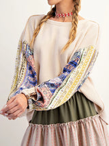 Printed Patchwork Crew Neck Hoodie