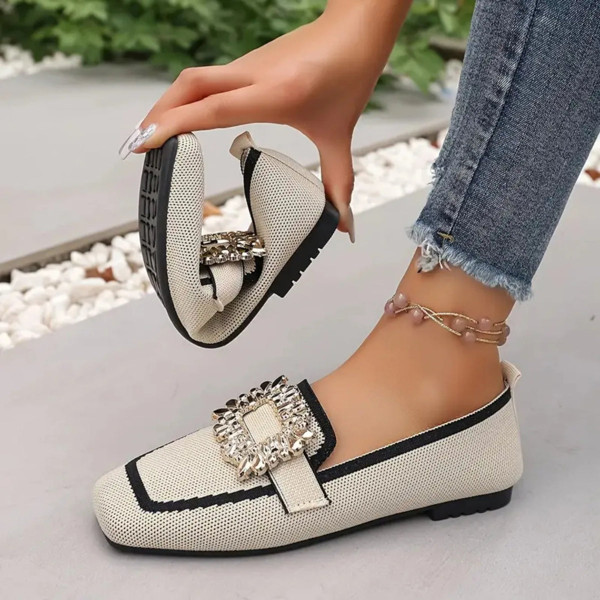 Women Flats Spring 2025 New Large Size Flat Loafers Shoes Women Knitting Slip-on Square Head Breathable Fashion Shoes for Women