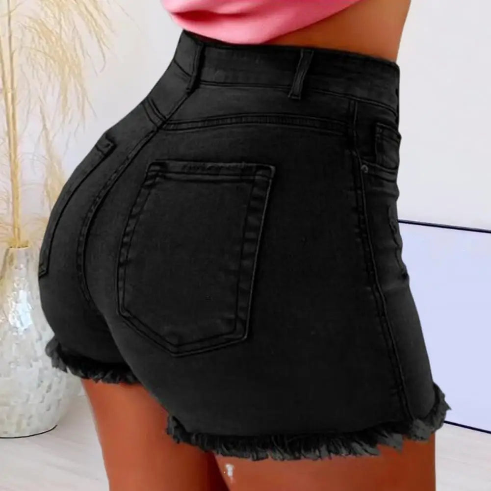 Women's High Waist Distressed Denim Shorts | Retro Slim Fit