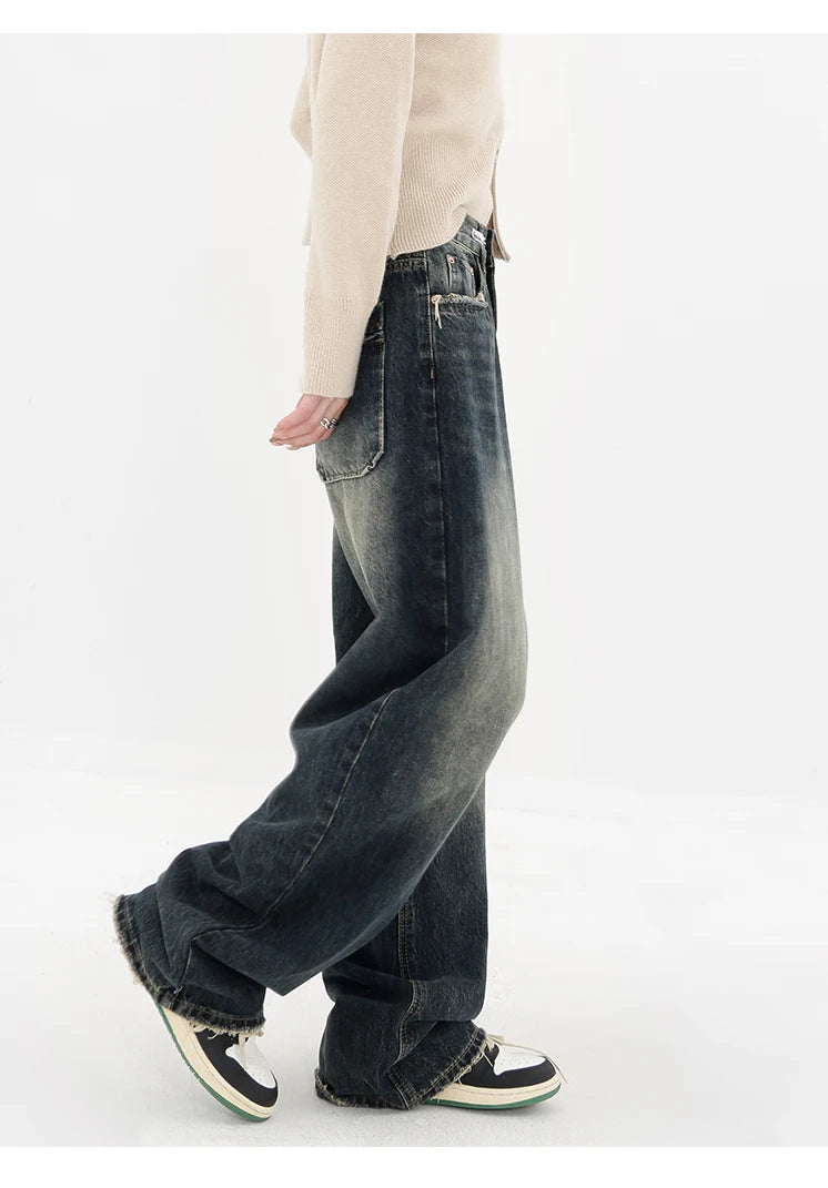 Harajuku Streetwear Retro Fashion Autumn Women High Waist Jeans Loose Wide Leg Straight Loose Denim Trousers Y2K Baggy Pants