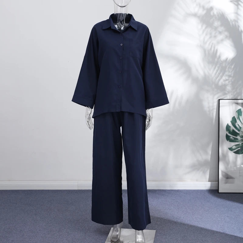 Fashion Stripe Long Pants Set Women Chic Lapel Single Breasted Shirt High Waist Wide Leg Trousers 2026 Spring New 2 Pcs Outfits