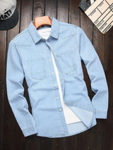 Men Light Blue Washed Denim Shirts Long Sleeve Button Down Casual Shirts With Dual Chest Pockets Western Style Work Shirts
