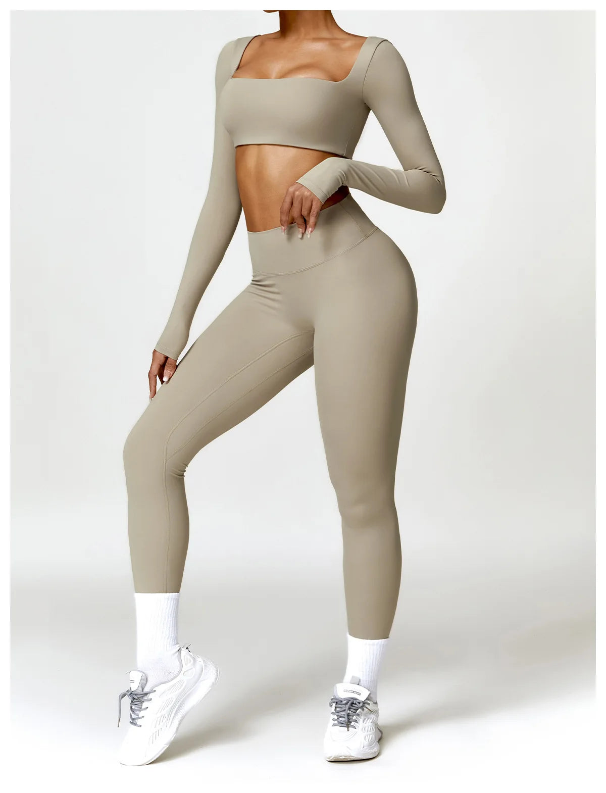 2-Piece Women's High-Waist Yoga Set – Seamless Long Sleeve Workout Suit