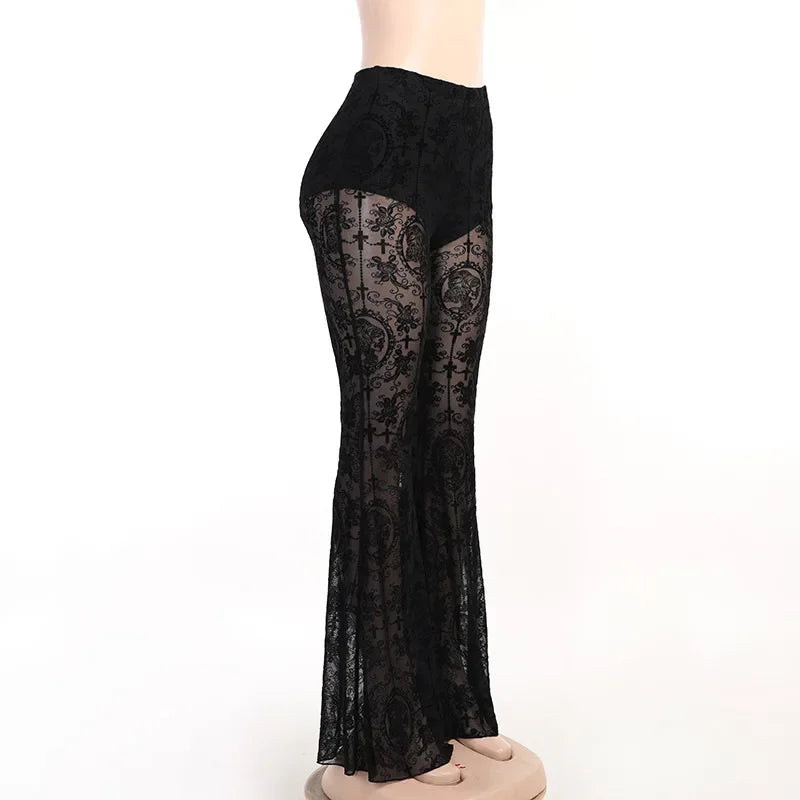 Women's High-Waist Mesh Lace Flare Pants