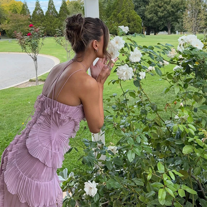 Elegant Lotus Edge Halter Maxi Dress