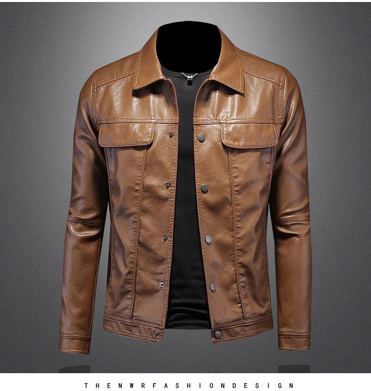 2024 Autumn and Winter New Men's Fashion Handsome with Solid Color Boutique Lapel Motorcycle Leather Coat Slim Fashion  M-5XL