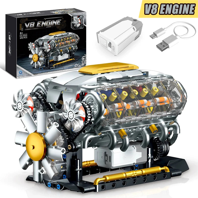 Technical Mechnical Electrice V8 Engine Building Blocks Simulation Car Engine MOC Bricks Science Education Toys Kids Adult Gift