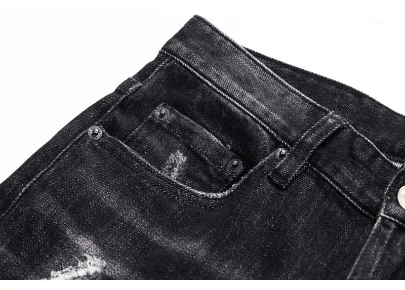 Men's Slim-Fit Distressed Black Grey Denim Jeans