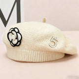 Women's Floral Pearl Knit Beret – Elegant Winter Hat