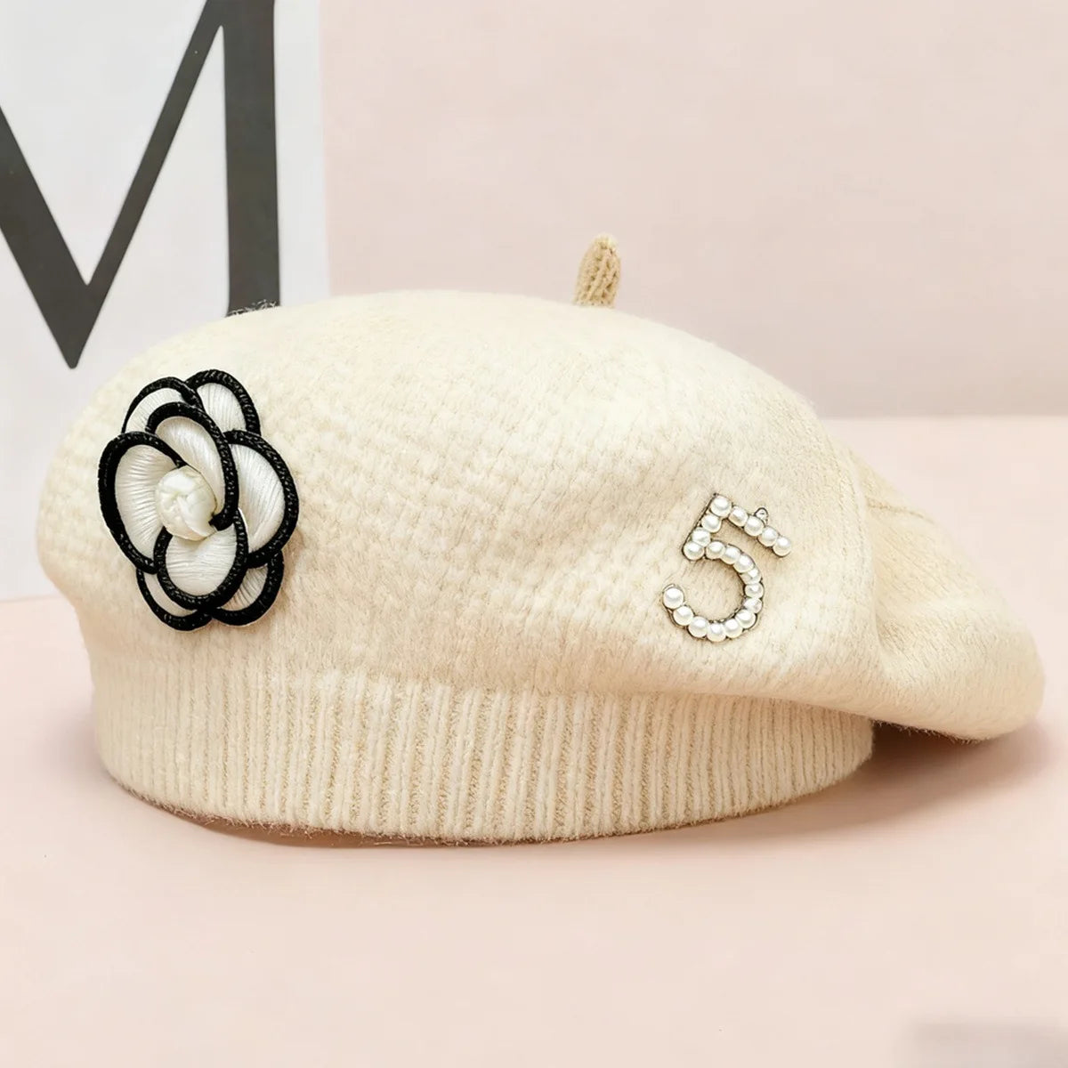Women's Floral Pearl Knit Beret – Elegant Winter Hat