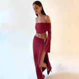 Women's Solid Beach Skirt Sets Sexy High Split Slim Bohemian Outfits Off The Shoulder Holiday Fashion 2 Piece Set 2025 Beachwear